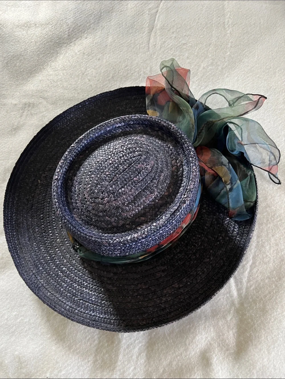 Women’s Navy Woven Straw Hat with Multicolor Chiffon Bow